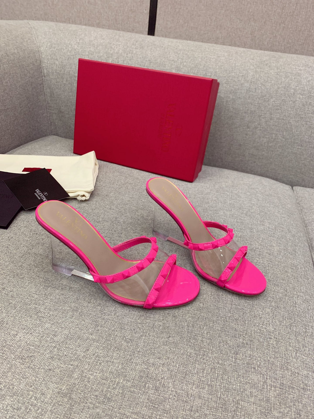 Valentino Rockstud Slide Sandal IN Transparent Material Plexi Wedge