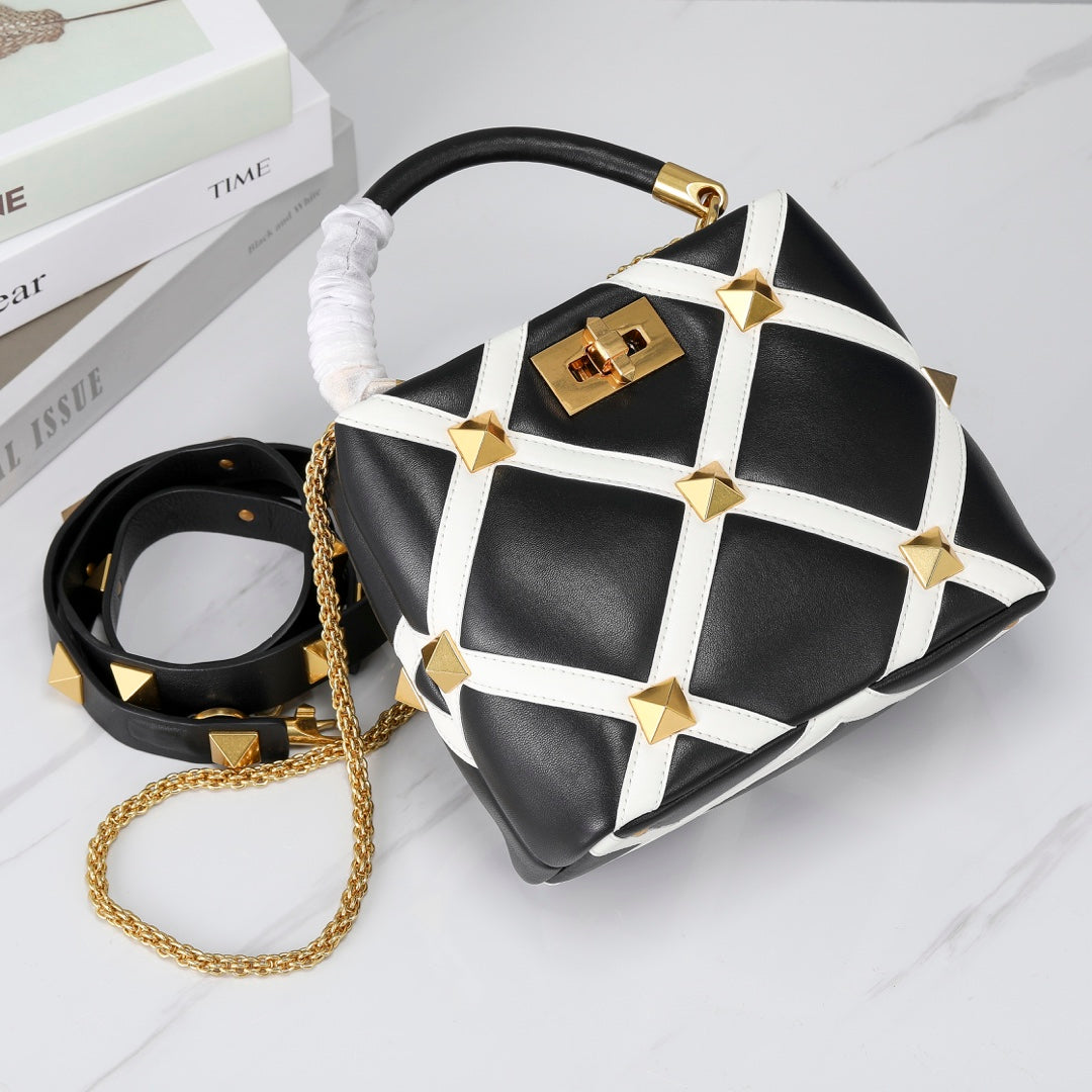 Valentino Garavani Small Roman Stud The Handle Bag In Nappa With Grid Detailing