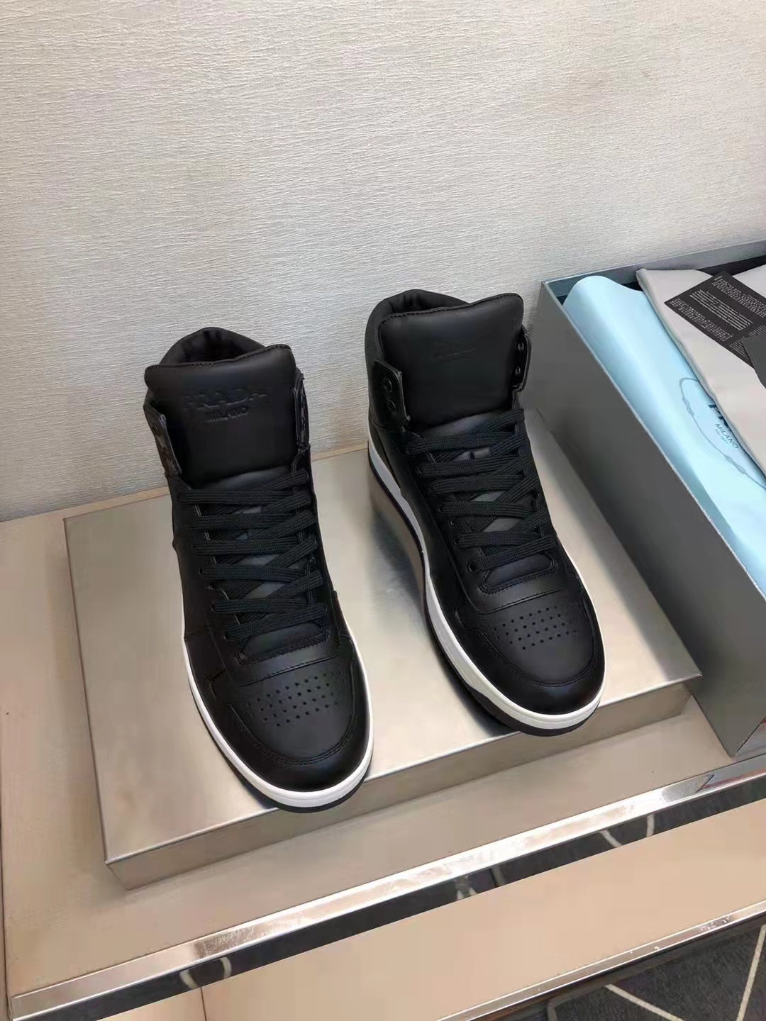 Prada Downtown Leather High Top Sneakers