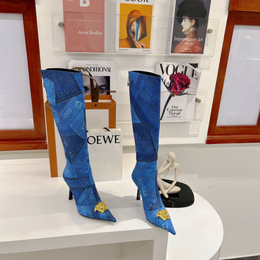 Versace Denim Patchwork Boots