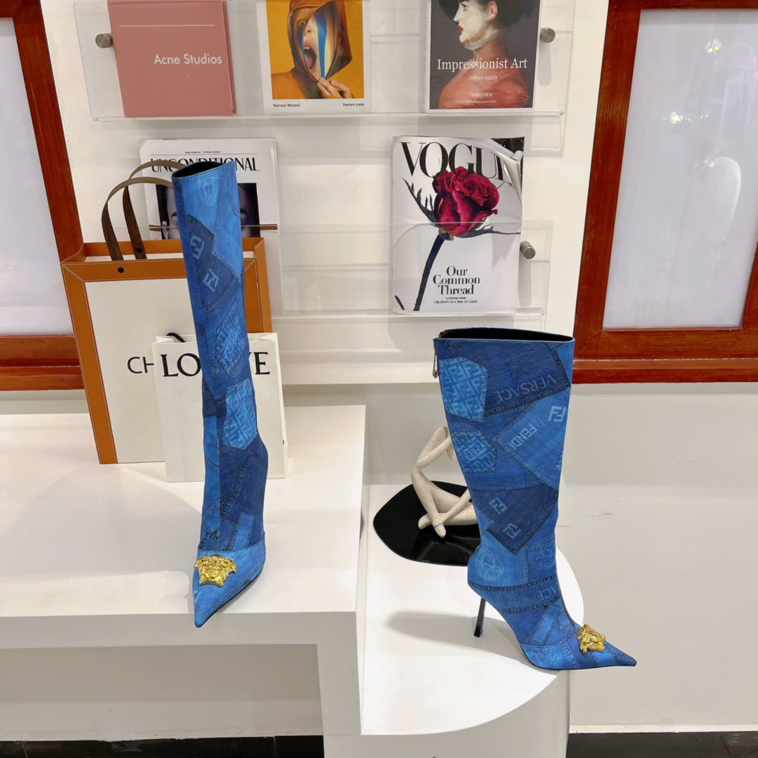 Versace Denim Patchwork Boots