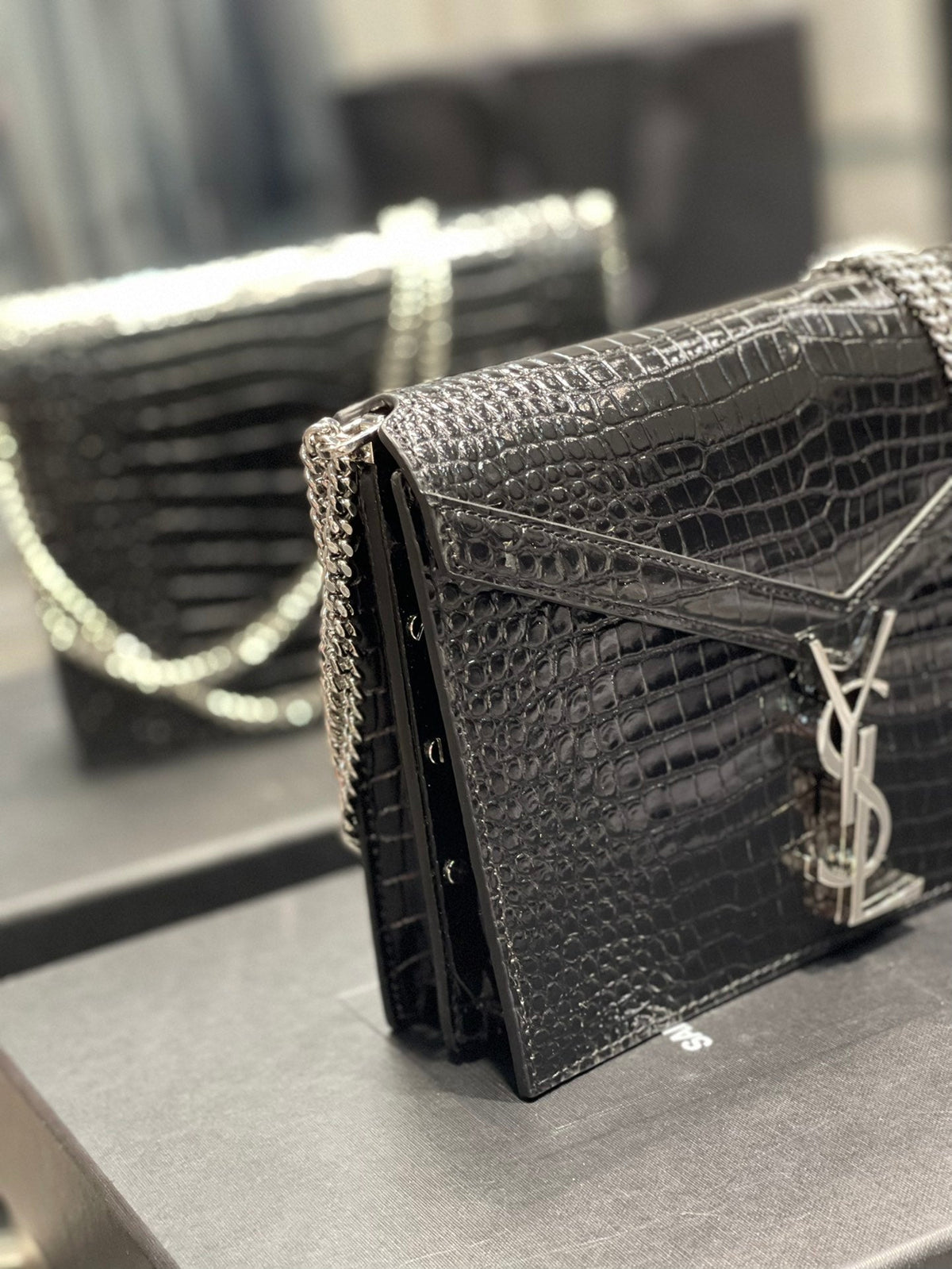 YSL Cassandra Medium Chain Bag In crocodile Embossed Shiny Leather