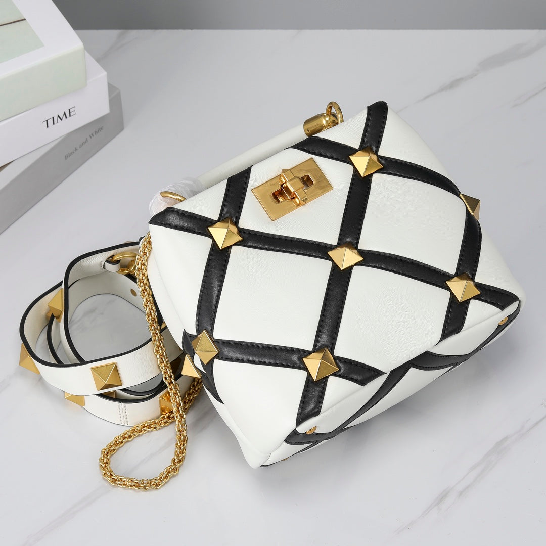 Valentino Garavani Small Roman Stud The Handle Bag In Nappa With Grid Detailing