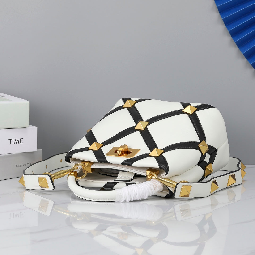 Valentino Garavani Small Roman Stud The Handle Bag In Nappa With Grid Detailing