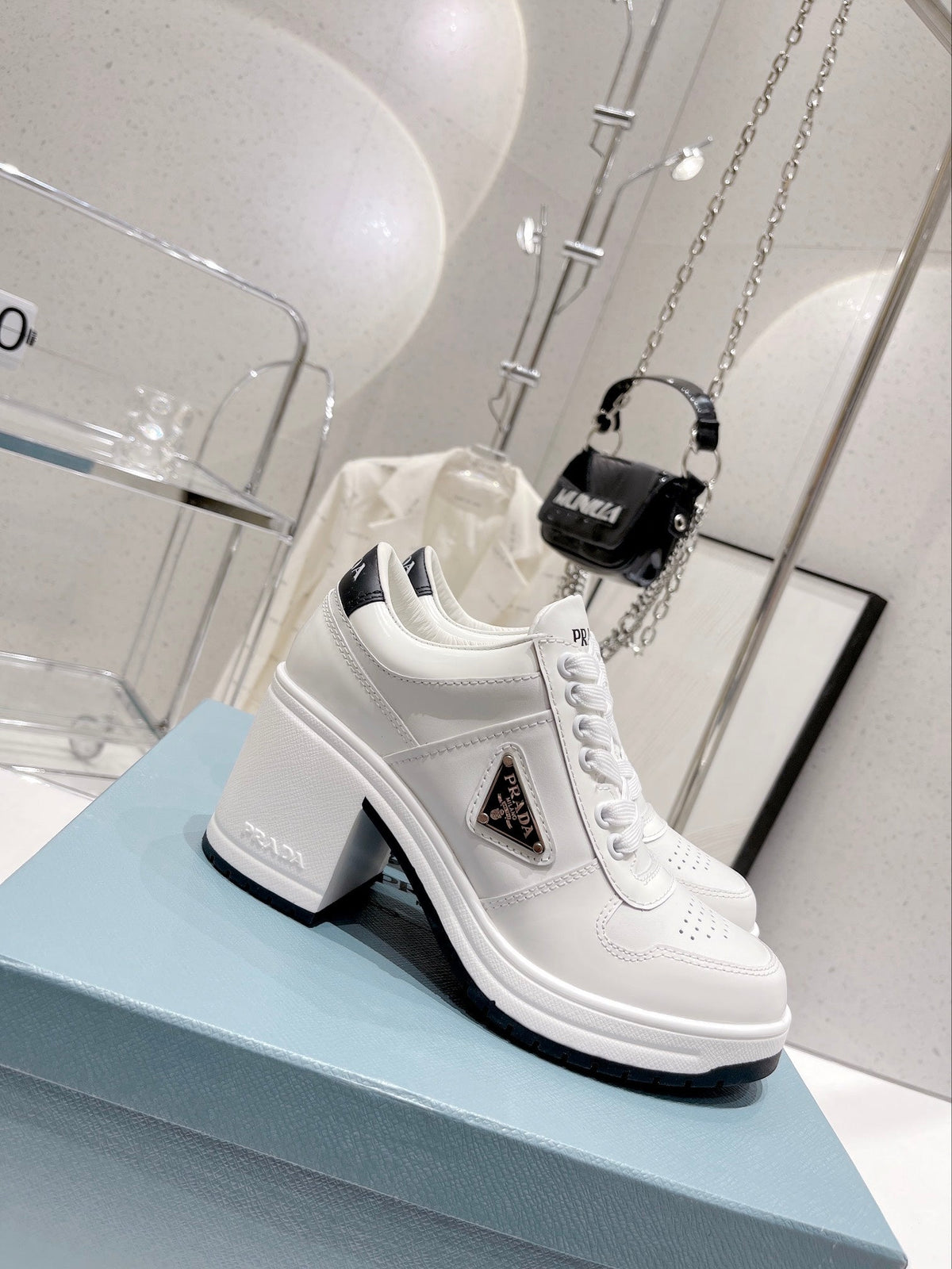 Prada Downtown High Heel Leather Sneakers