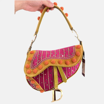 Limited Edition John Galliano era Dior Saddle bag with pompom and bead Rovelle Bags