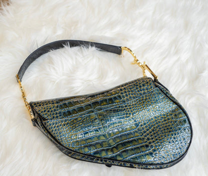 Dior Saddle Green Medium Crocodile embossed Leather Handbag Rovelle Bags