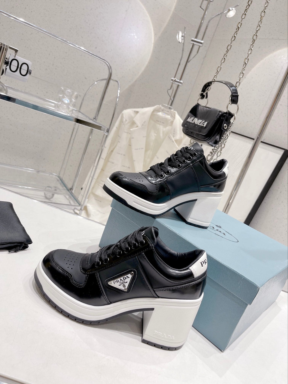 Prada Downtown High Heel Leather Sneakers