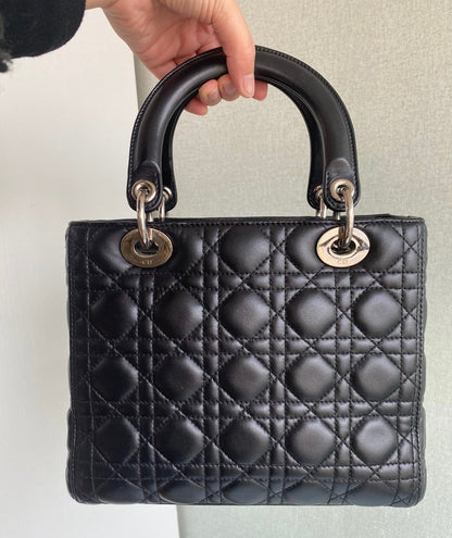 Lady Dior Black Medium Cannage Lambskin leather handbag Rovelle Bags