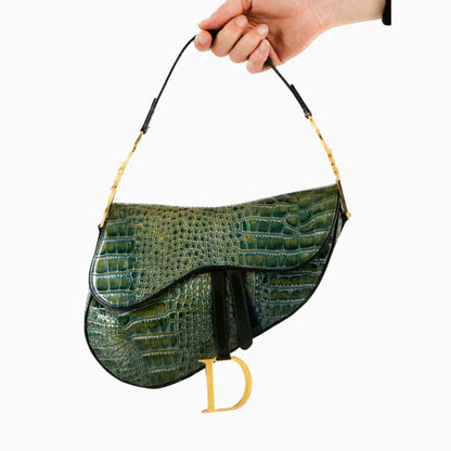 Dior Saddle Green Medium Crocodile embossed Leather Handbag Rovelle Bags