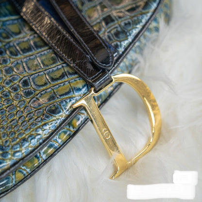 Dior Saddle Green Medium Crocodile embossed Leather Handbag Rovelle Bags