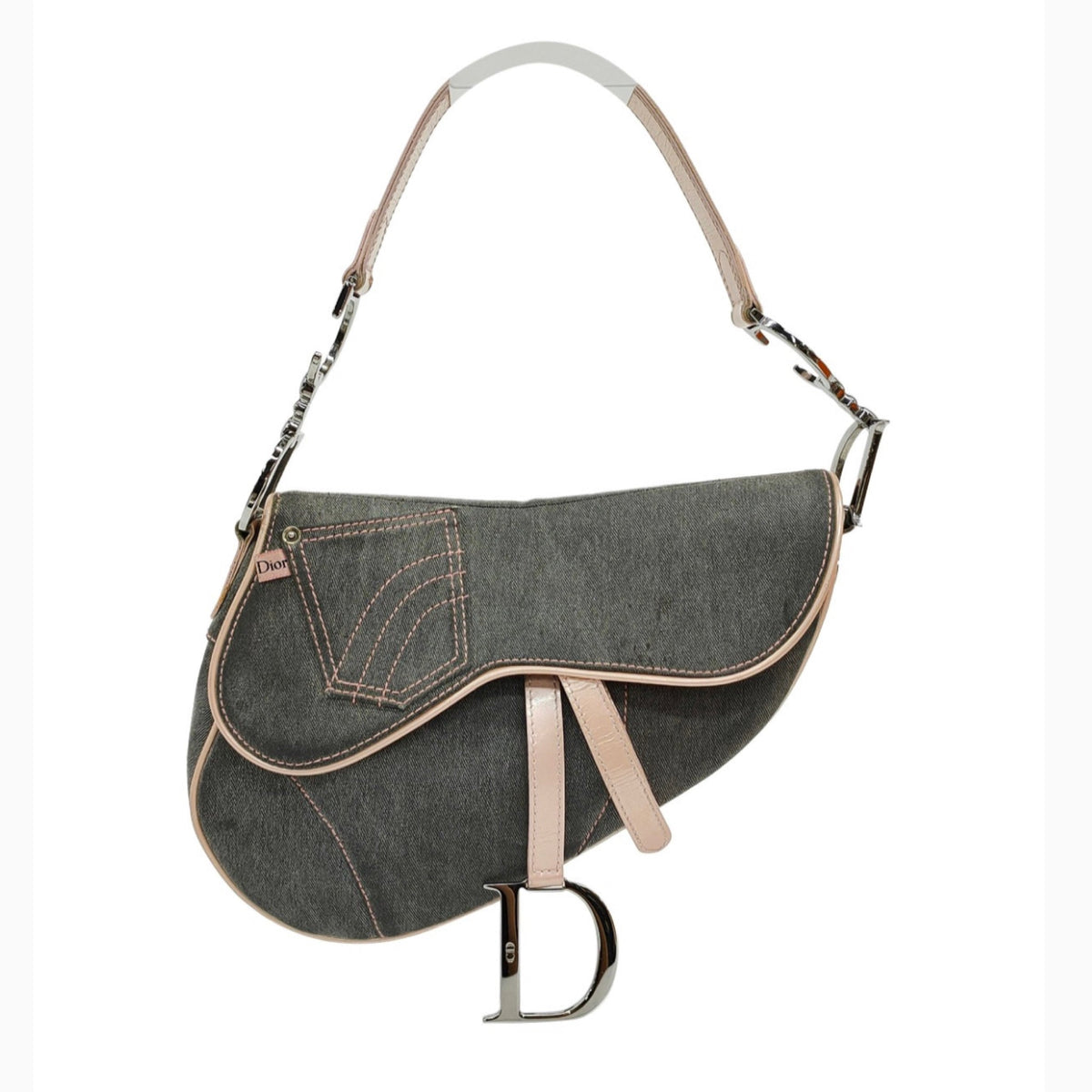 Dior saddle bag denim with pink leather strap Rovelle Bags