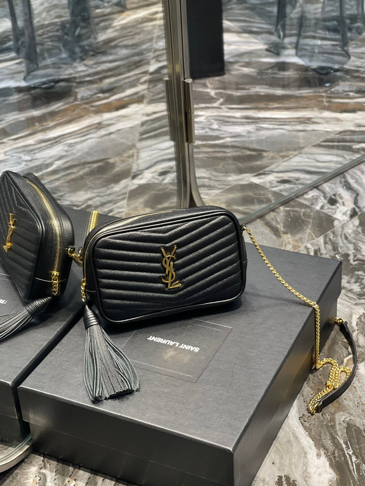 YSL Lou Mini Bag In Quilted  Grain  De Poudre Embossed Leather