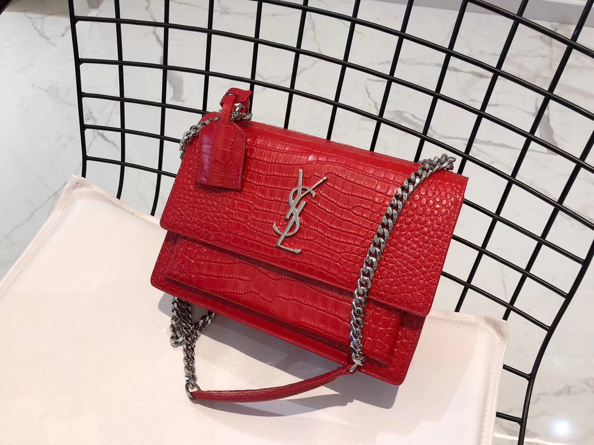 YSL Medium Sunset In Crocodile Embossed Shiny Leather Bag