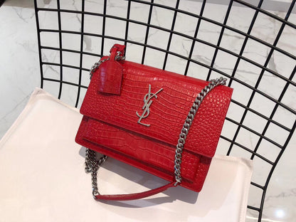 YSL Medium Sunset In Crocodile Embossed Shiny Leather Bag