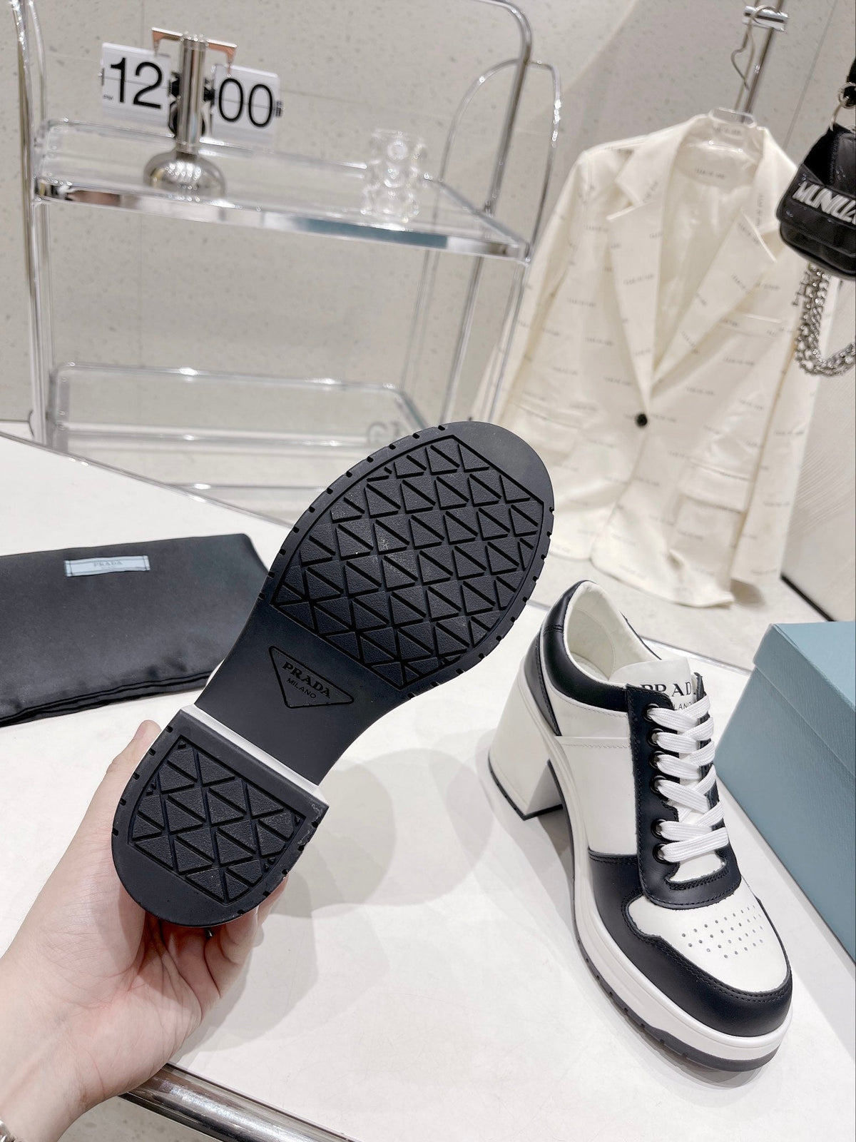 Prada Downtown High Heel Leather Sneakers