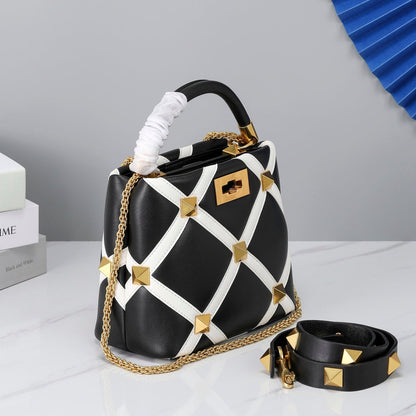 Valentino Garavani Small Roman Stud The Handle Bag In Nappa With Grid Detailing