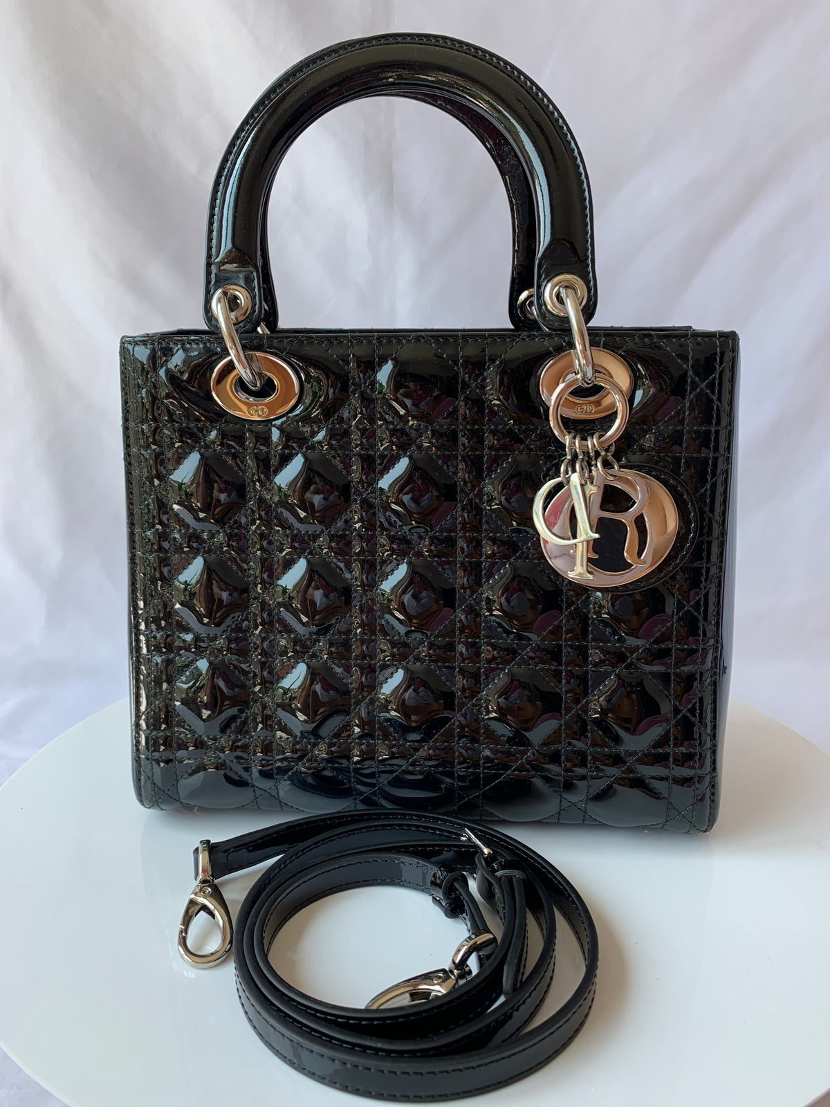 Lady Dior Medium Bag Black Patent Leather Rovelle Bags