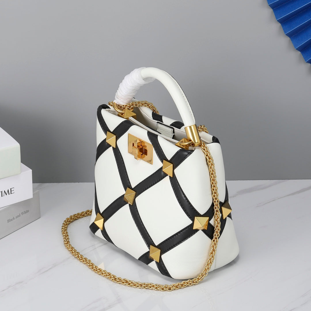 Valentino Garavani Small Roman Stud The Handle Bag In Nappa With Grid Detailing