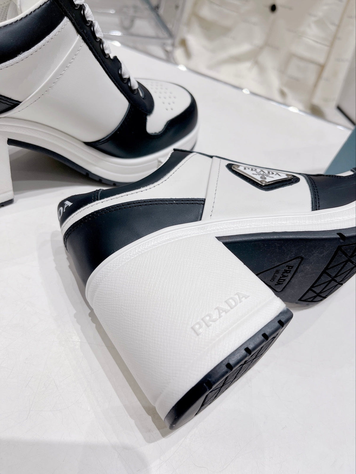 Prada Downtown High Heel Leather Sneakers