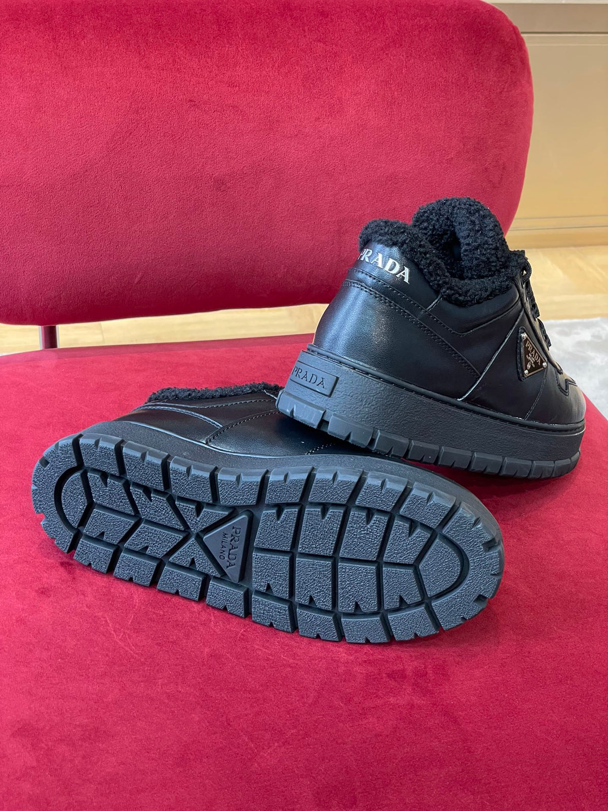 Prada Leather and Shearling  Sneakers