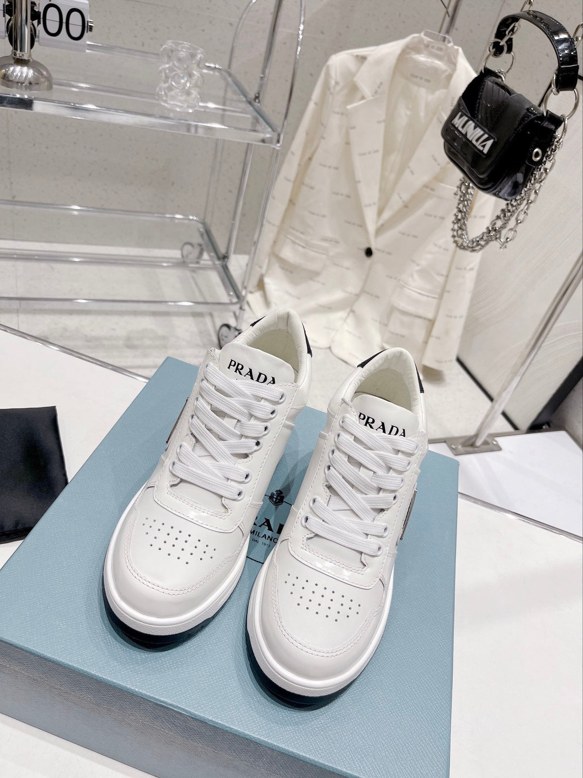 Prada Downtown High Heel Leather Sneakers