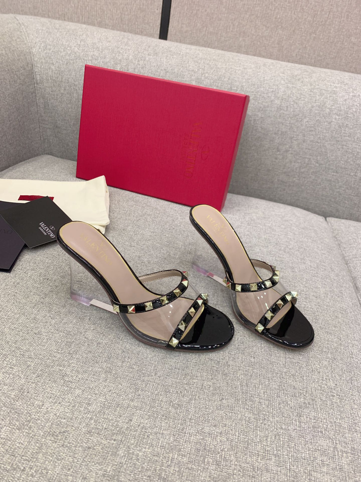 Valentino Rockstud Slide Sandal IN Transparent Material Plexi Wedge
