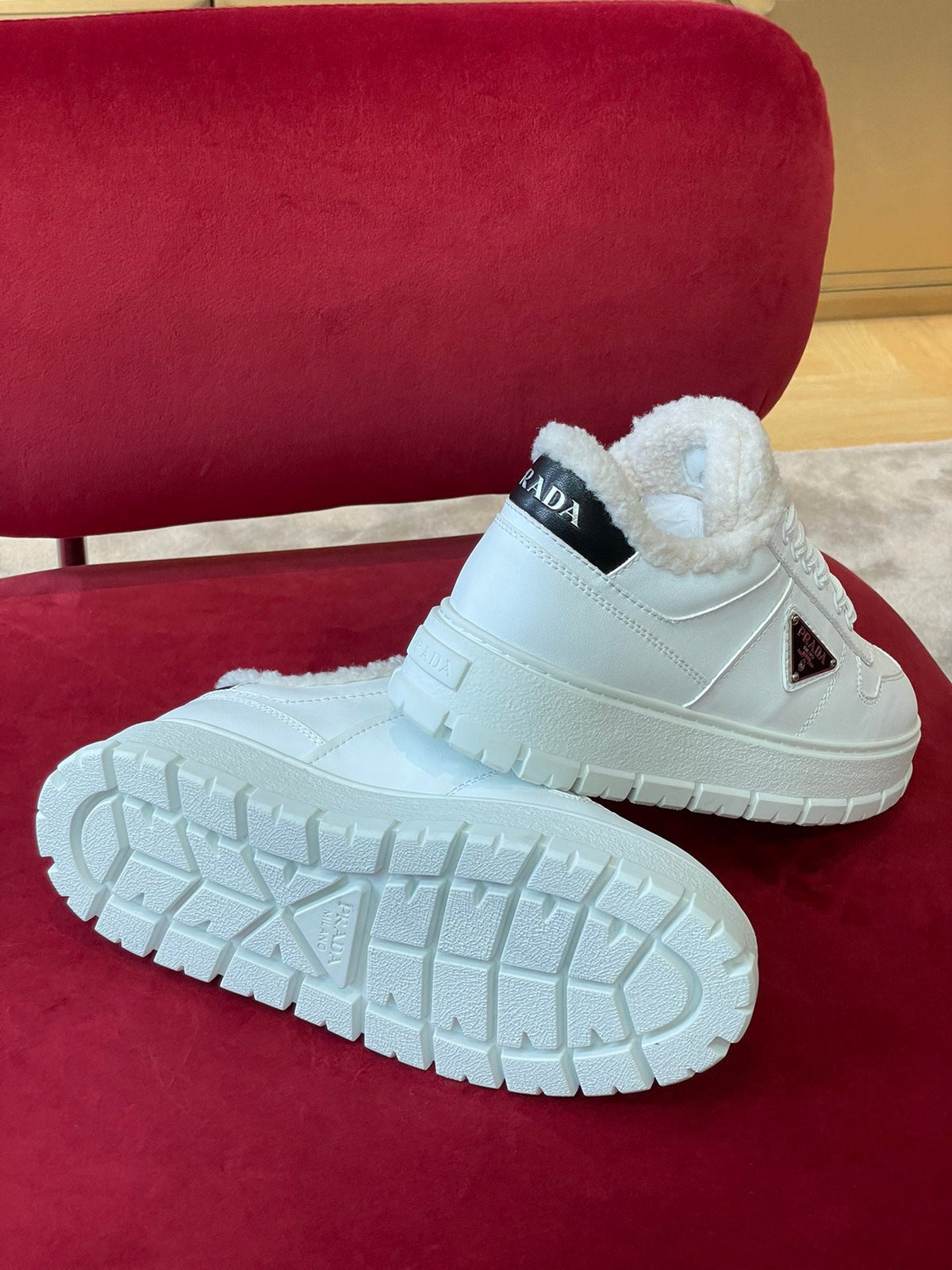 Prada Leather and Shearling  Sneakers