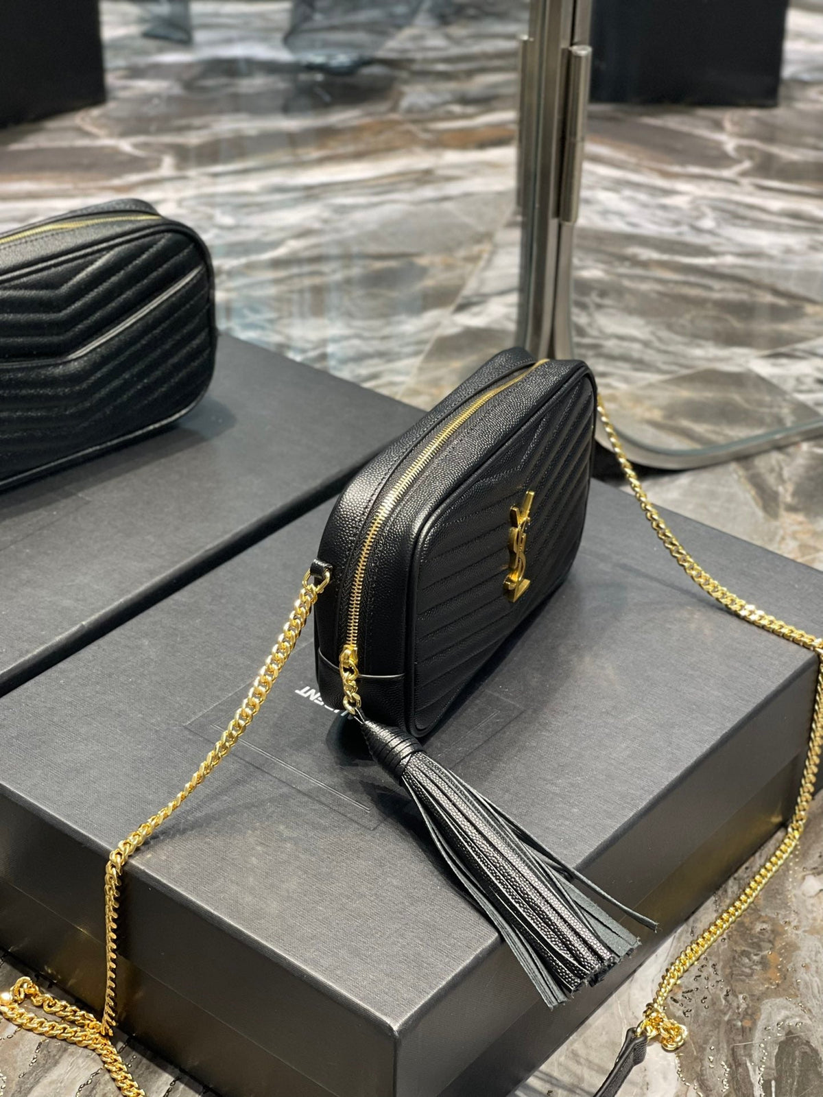 YSL Lou Mini Bag In Quilted  Grain  De Poudre Embossed Leather