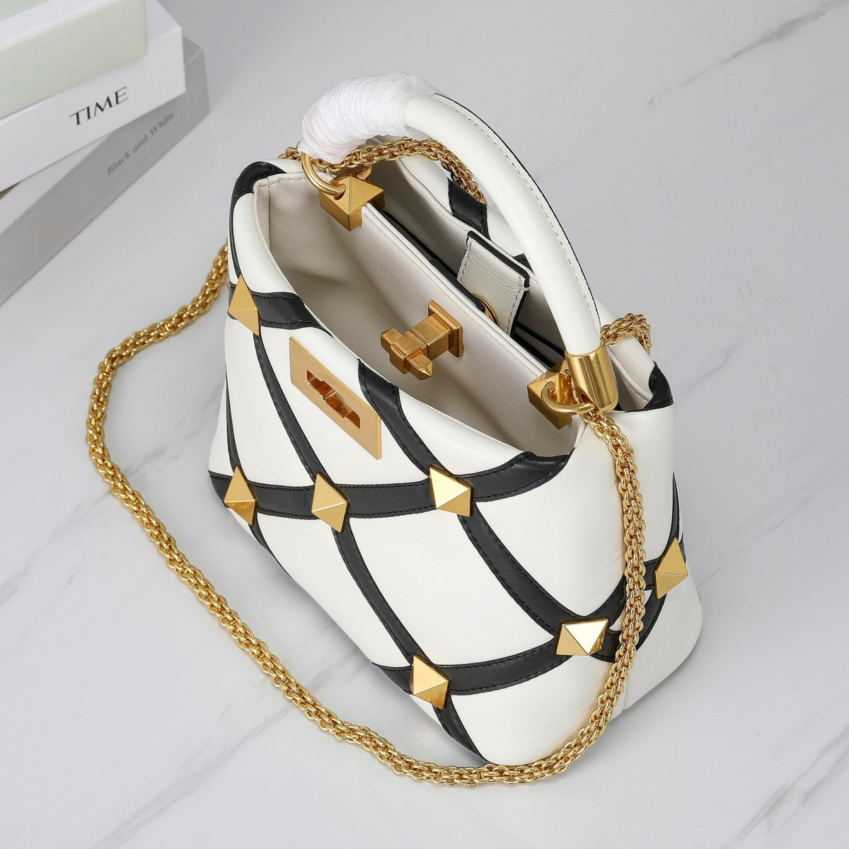 Valentino Garavani Small Roman Stud The Handle Bag In Nappa With Grid Detailing