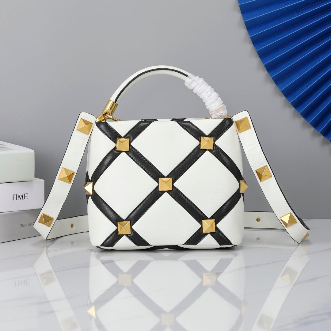 Valentino Garavani Small Roman Stud The Handle Bag In Nappa With Grid Detailing