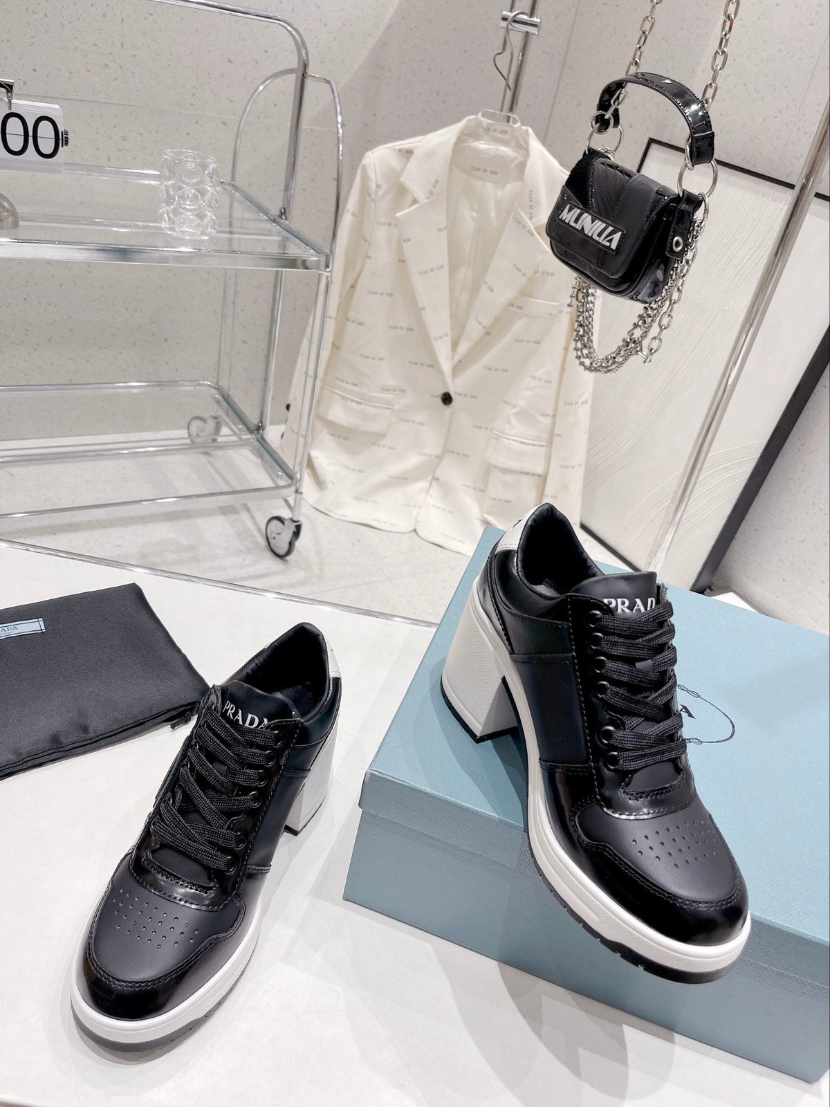 Prada Downtown High Heel Leather Sneakers