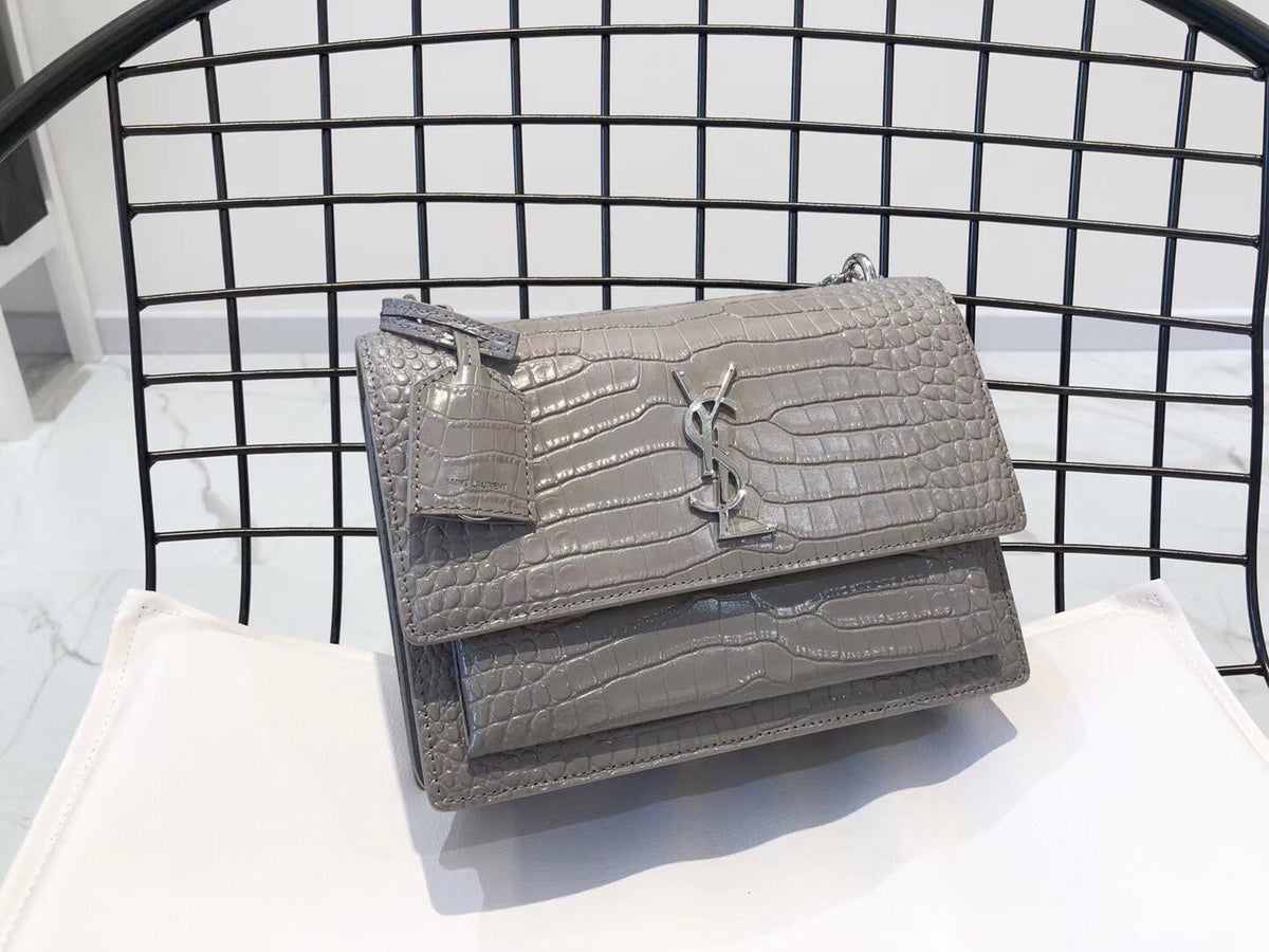 YSL Medium Sunset In Crocodile Embossed Shiny Leather Bag