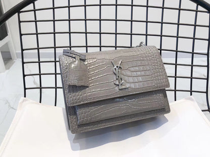 YSL Medium Sunset In Crocodile Embossed Shiny Leather Bag