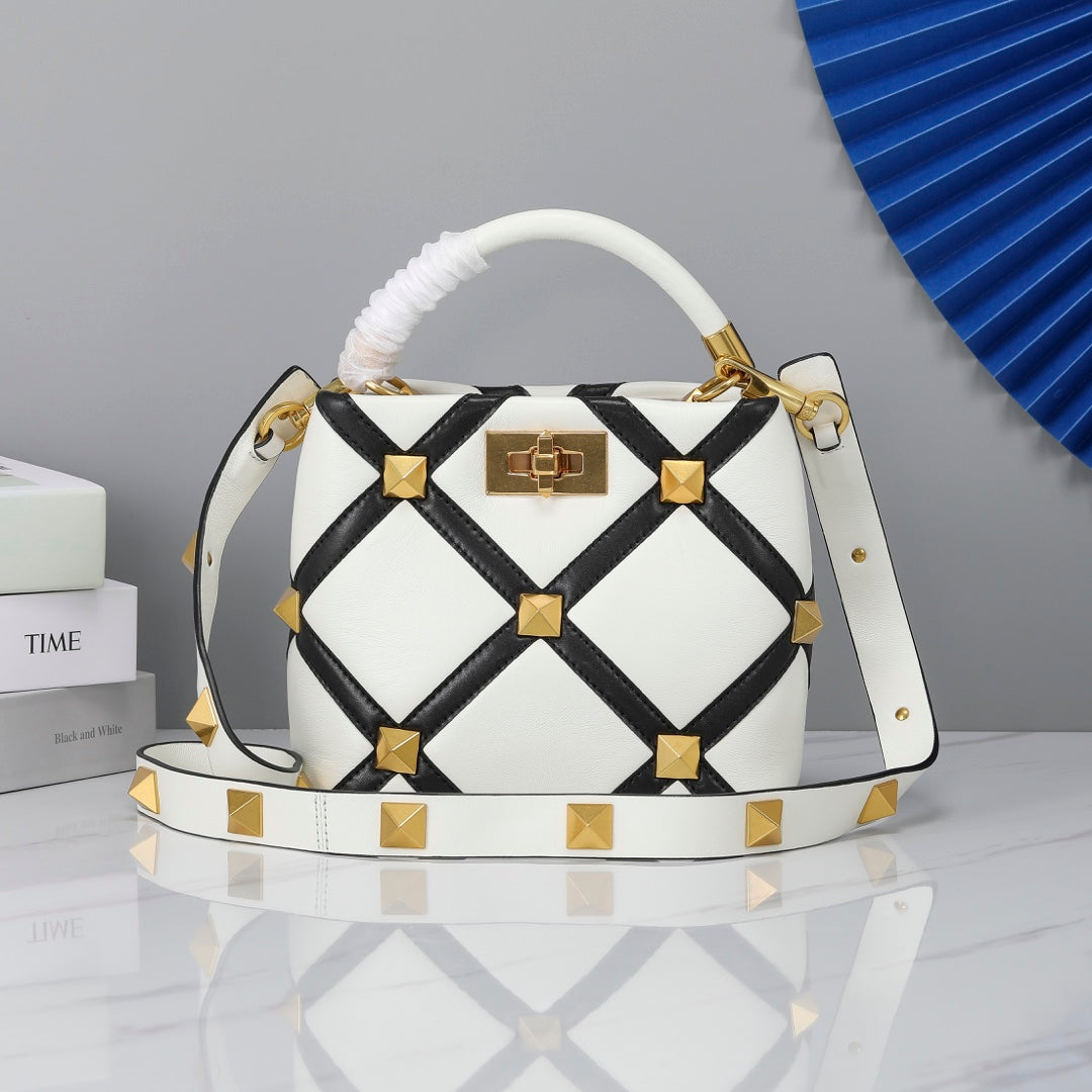 Valentino Garavani Small Roman Stud The Handle Bag In Nappa With Grid Detailing