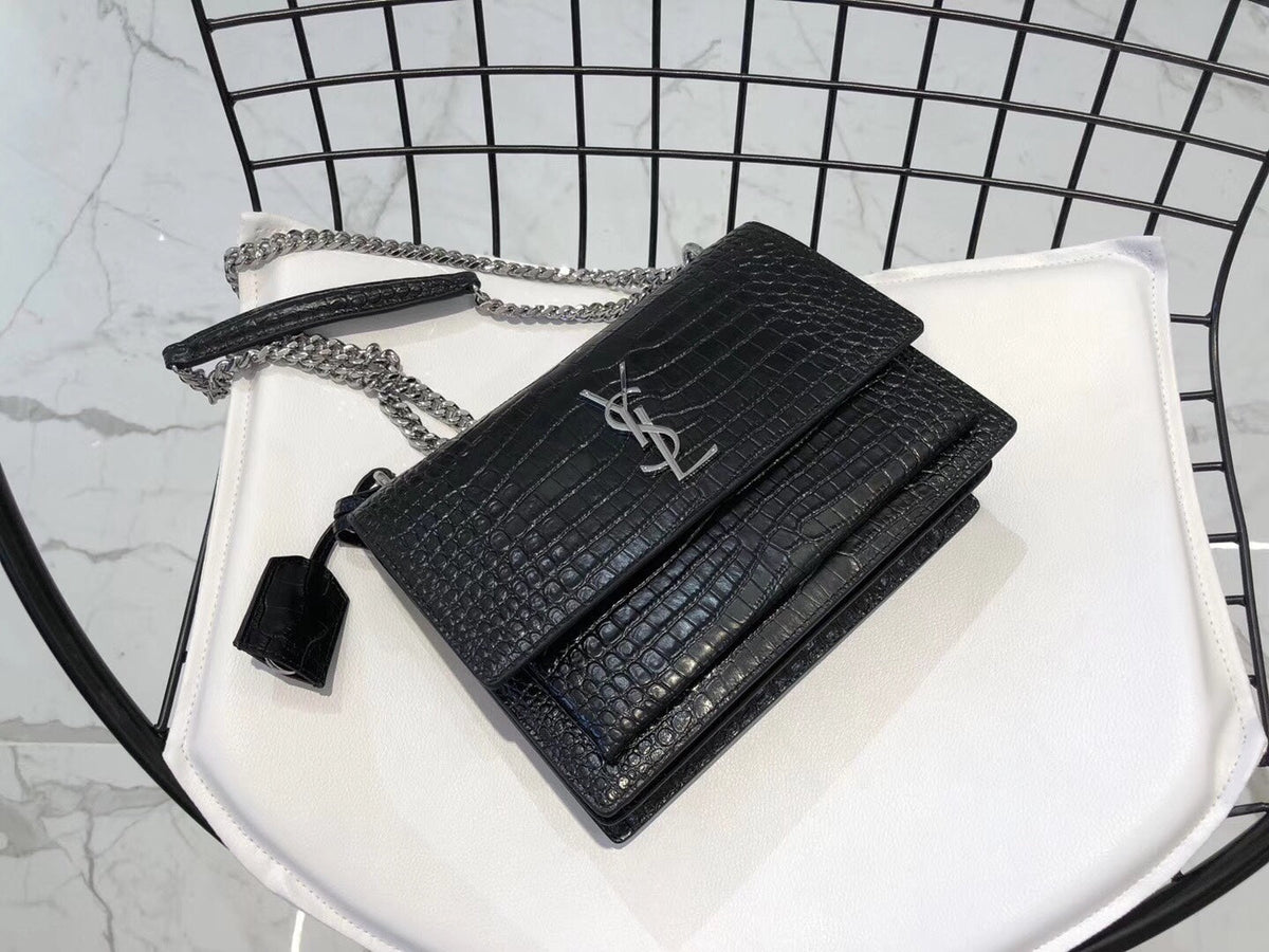 YSL Medium Sunset In Crocodile Embossed Shiny Leather Bag