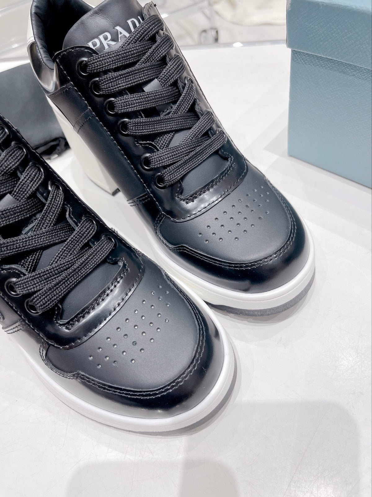 Prada Downtown High Heel Leather Sneakers