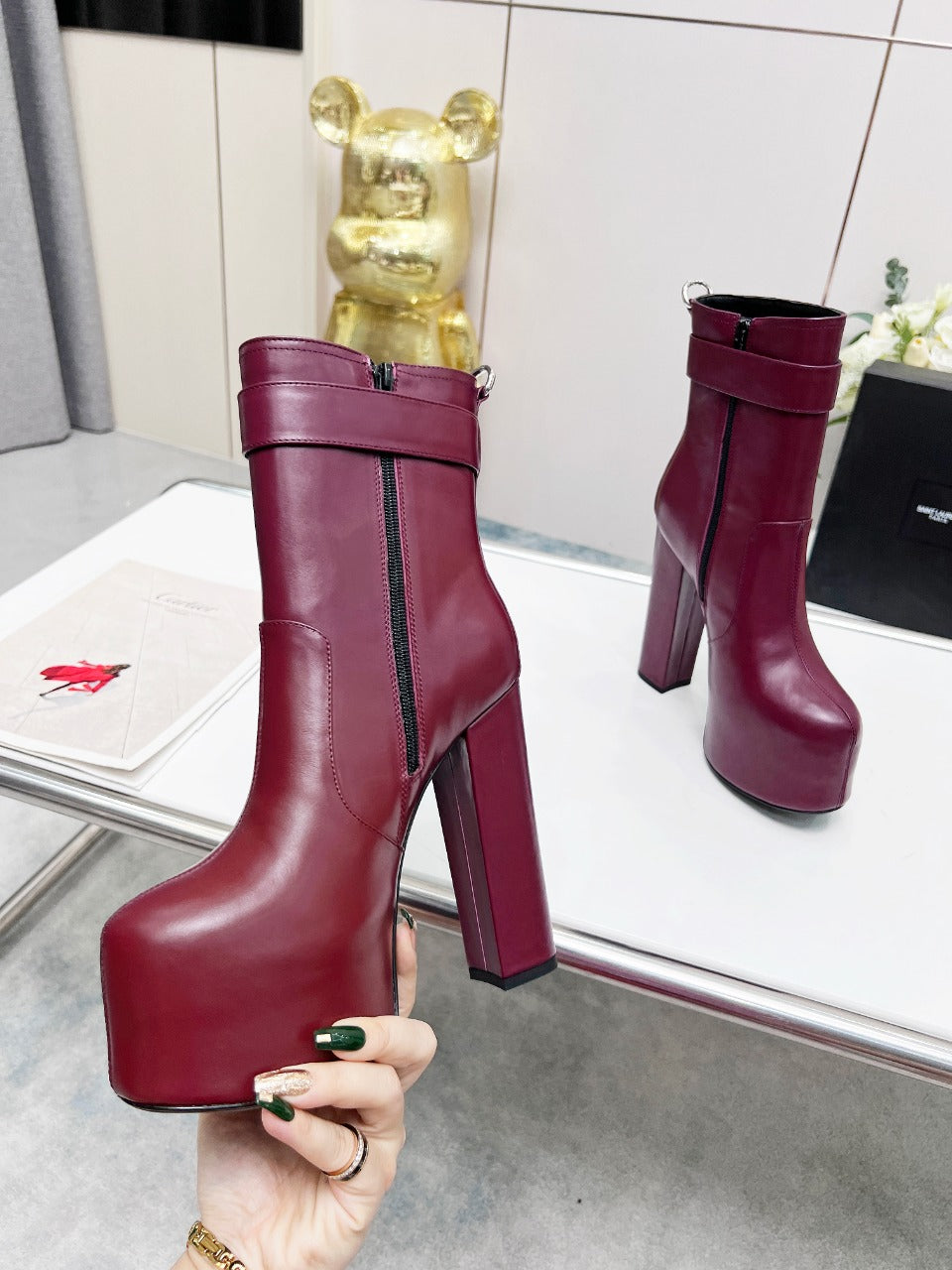 YSL  Cherry Buckle Platform Boots