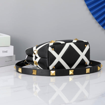 Valentino Garavani Small Roman Stud The Handle Bag In Nappa With Grid Detailing
