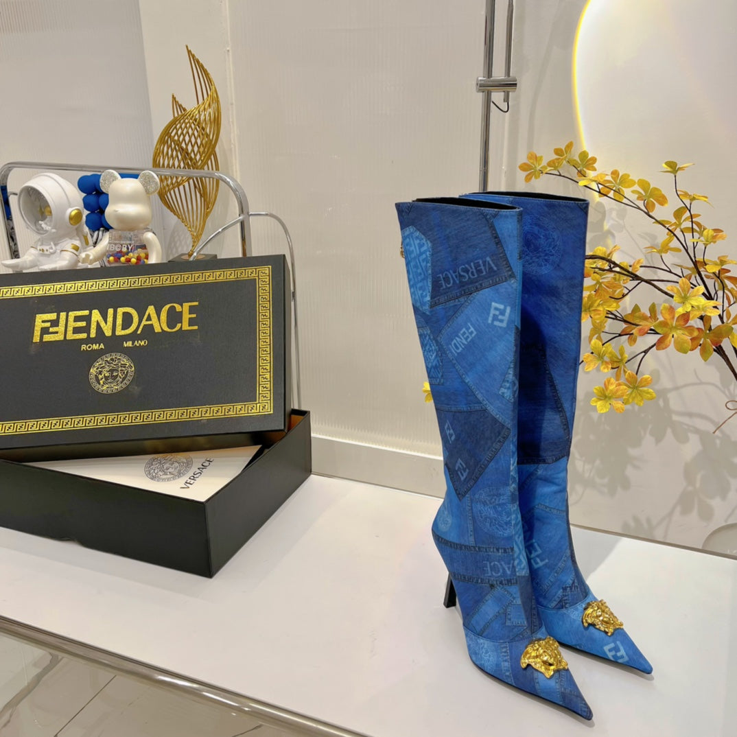 Versace Denim Patchwork Boots