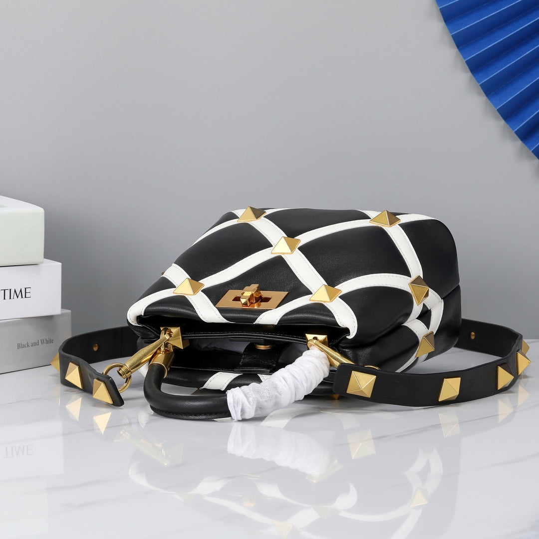 Valentino Garavani Small Roman Stud The Handle Bag In Nappa With Grid Detailing