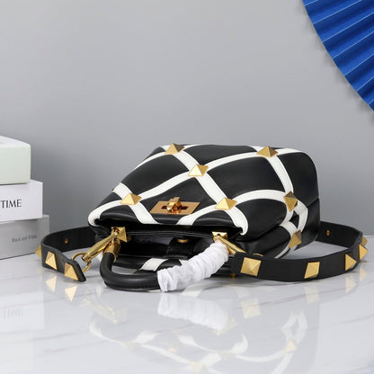 Valentino Garavani Small Roman Stud The Handle Bag In Nappa With Grid Detailing
