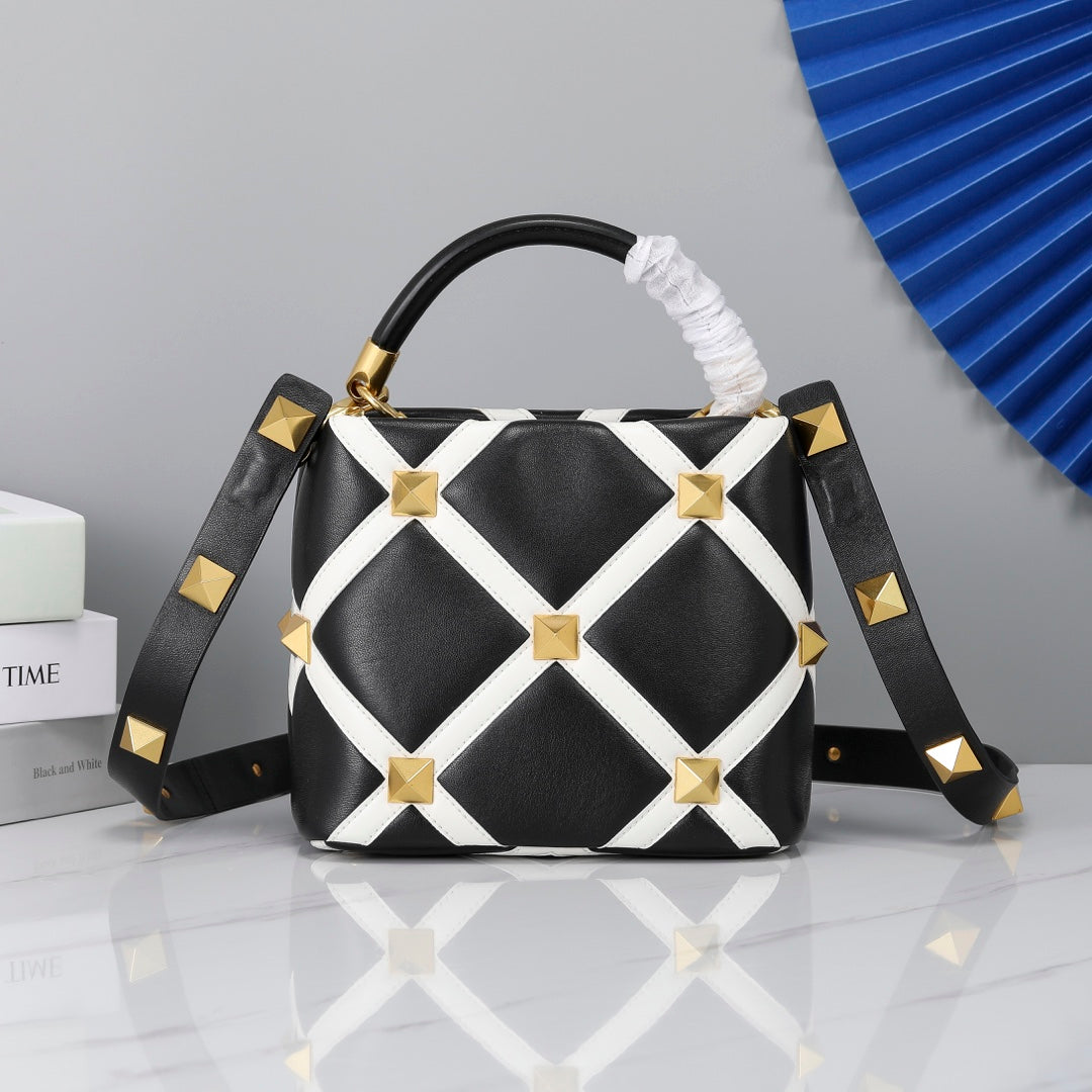 Valentino Garavani Small Roman Stud The Handle Bag In Nappa With Grid Detailing