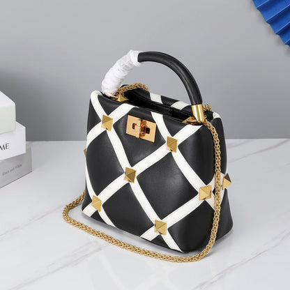 Valentino Garavani Small Roman Stud The Handle Bag In Nappa With Grid Detailing