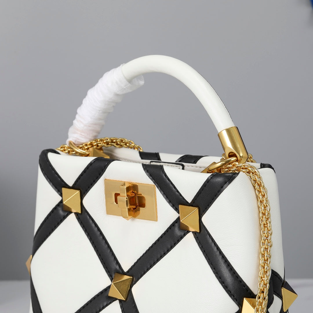 Valentino Garavani Small Roman Stud The Handle Bag In Nappa With Grid Detailing