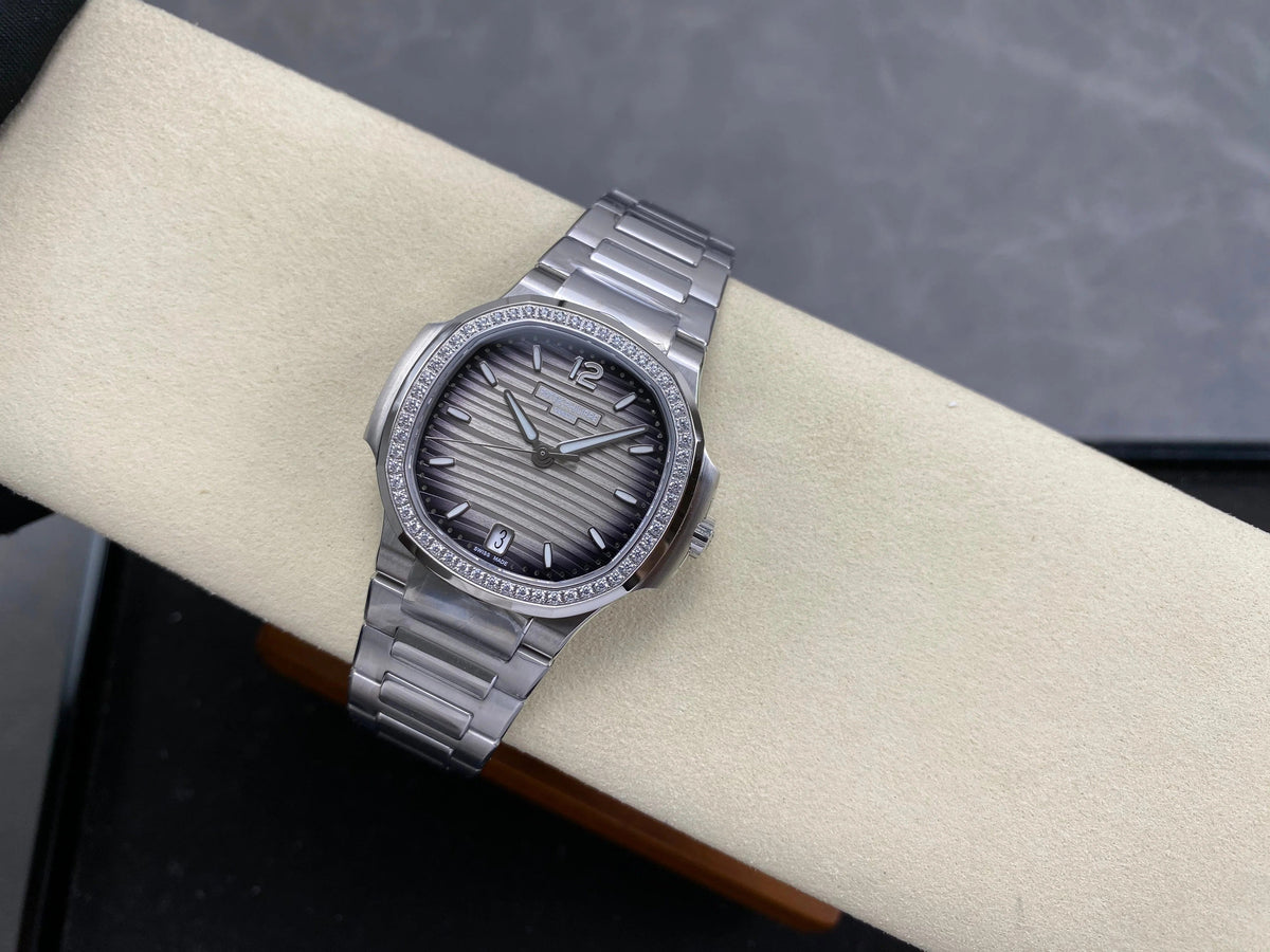 Patek Philippe Nautilus 35mm Black Gray Dial Sliver Case Diamond Bezel