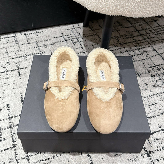 ALAIA 26S  BALLET FLATS IN DARK BEIGE SUEDE AND WOOL
