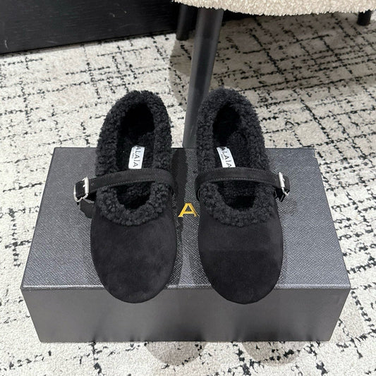 ALAIA 26S  BALLET FLATS IN BLACK SUEDE AND WOOL