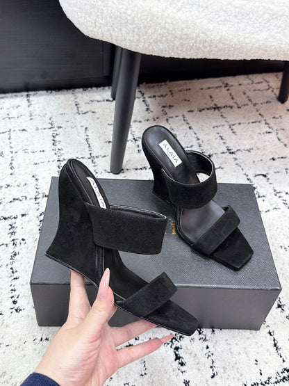 ALAIA 26S DOUBLE STRAP WEDGE SANDALS 110 MM IN BLACK SUEDE
