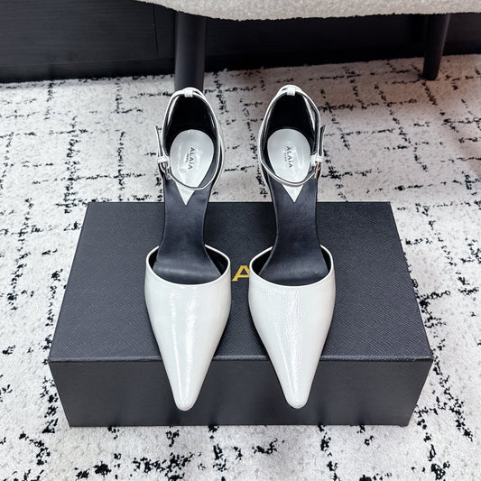 ALAIA 26S POINTED-TOE HEELS 90 MM IN WHITE PATENT CALFSKIN